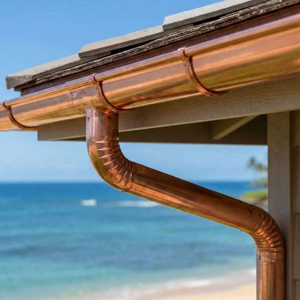 A close-up view of a copper rain gutter and downspout on a house by the sea at sunset.