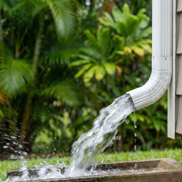 A close-up of a downspout funneling a large amount of water during a rain shower.