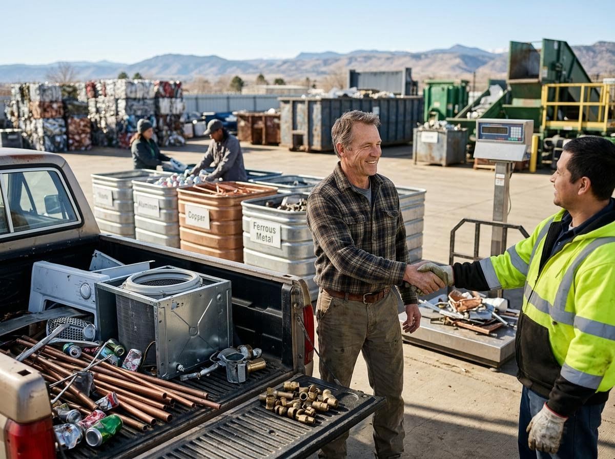 Two men shaking hands at a scrap metal recycling yard