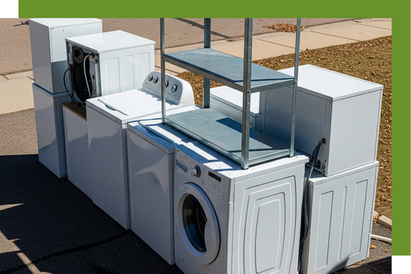 Old appliances, including a washer and metal shelf Old appliances, including a washer and metal shelf