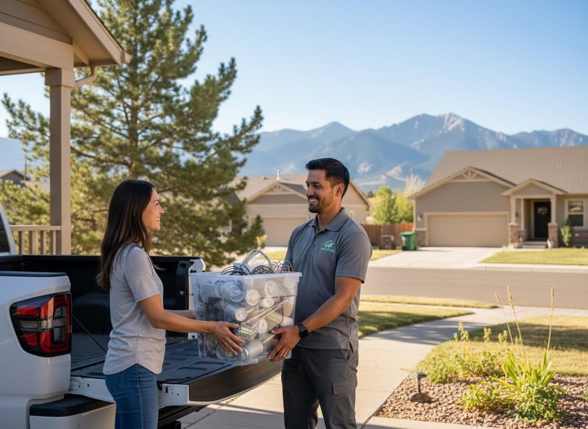 Woman hands recyclables to a service provider
