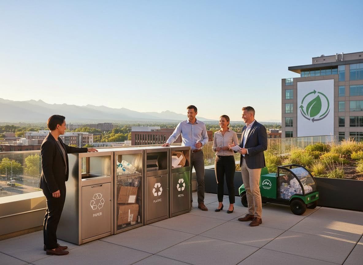 Rooftop view of people with modern recycling bins and a city skyline