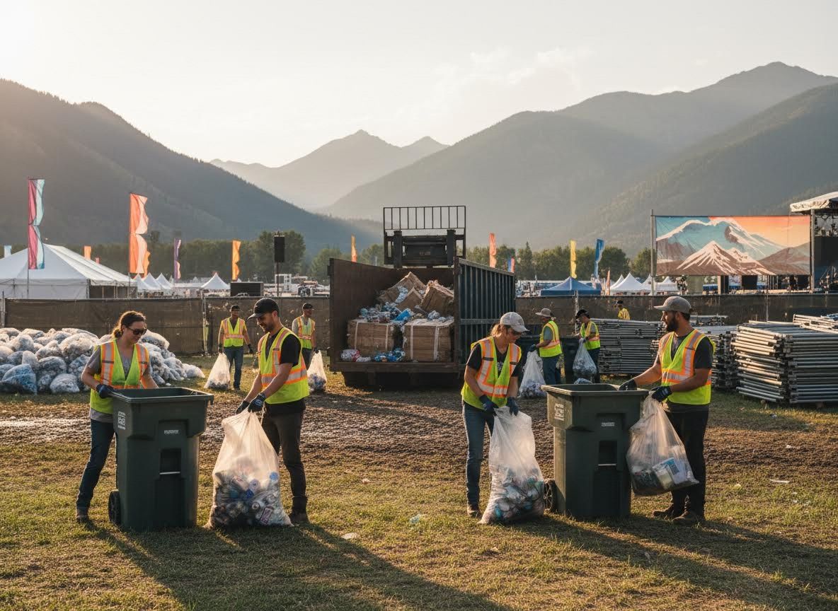 Event cleanup crew collecting recycling and trash in a mountain setting