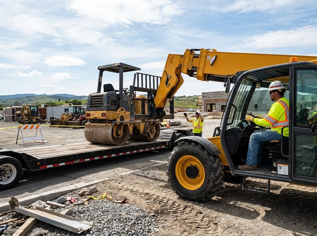 Construction workers loading heavy equipment
