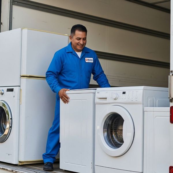 professional worker loading old appliances onto a recycling truck