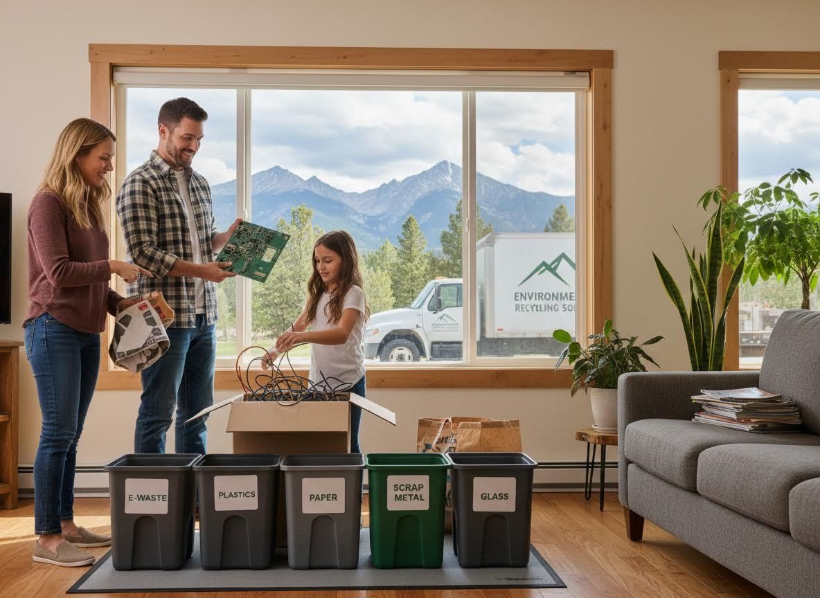 Family Sorting Recyclables and E-Waste at Home