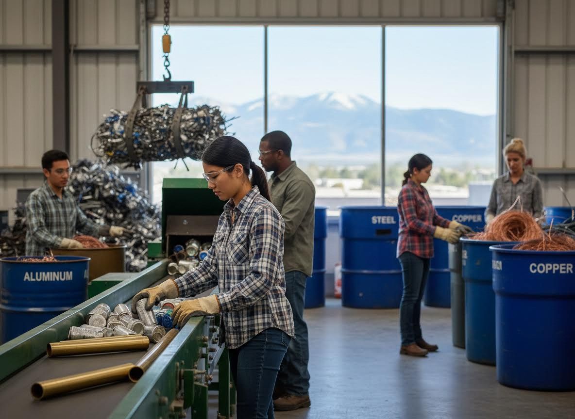 Diverse Workers Sorting Recyclable Materials at a Recycling Facility
