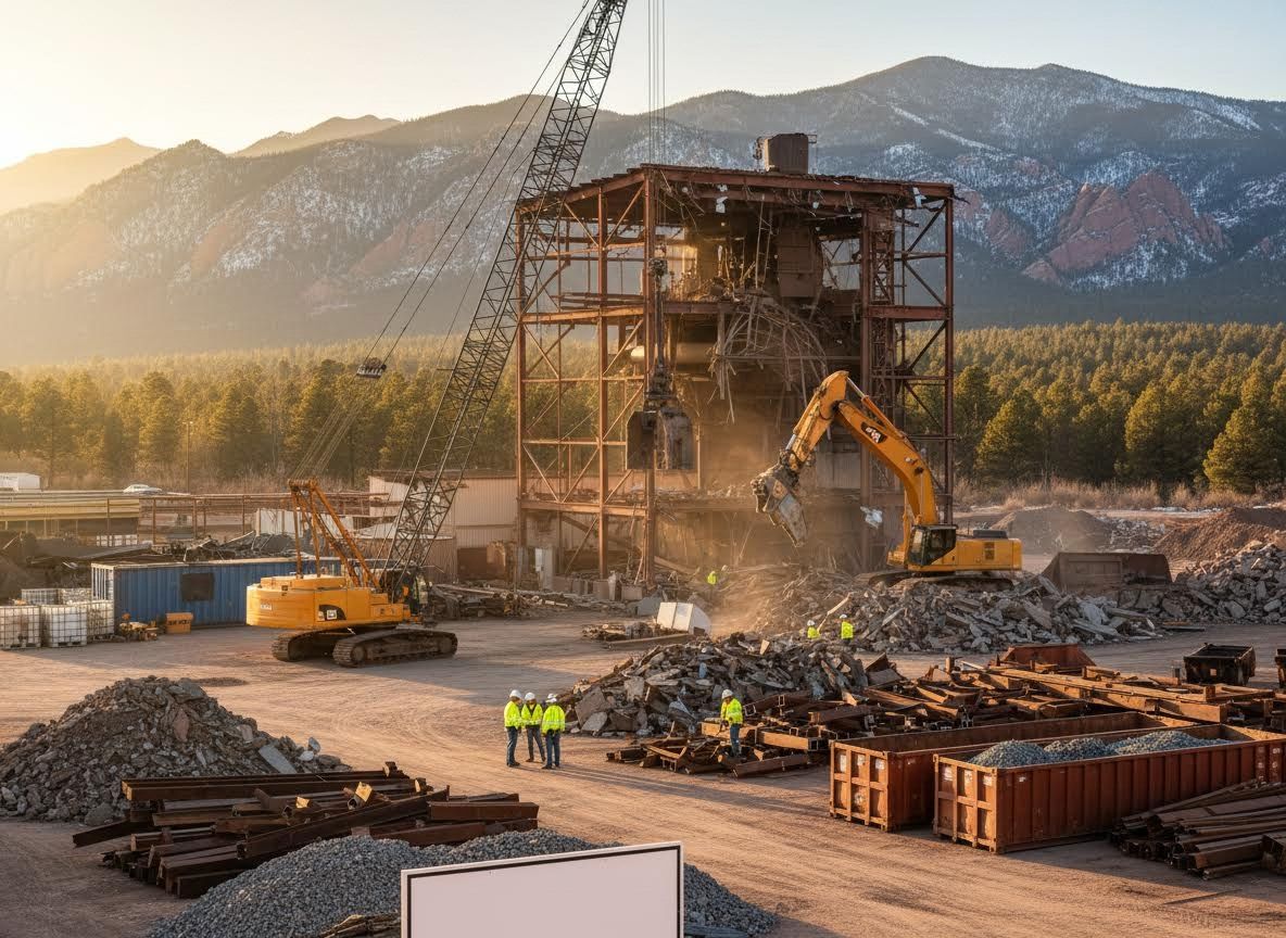 Industrial Demolition Site with Heavy Machinery and Mountain Backdrop