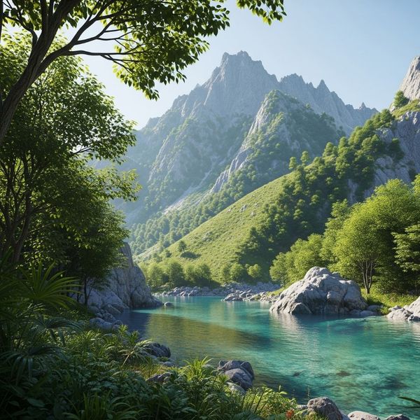 pristine mountain landscape and clear river, symbolizing environmental protection pristine mountain landscape and clear river, symbolizing environmental protection