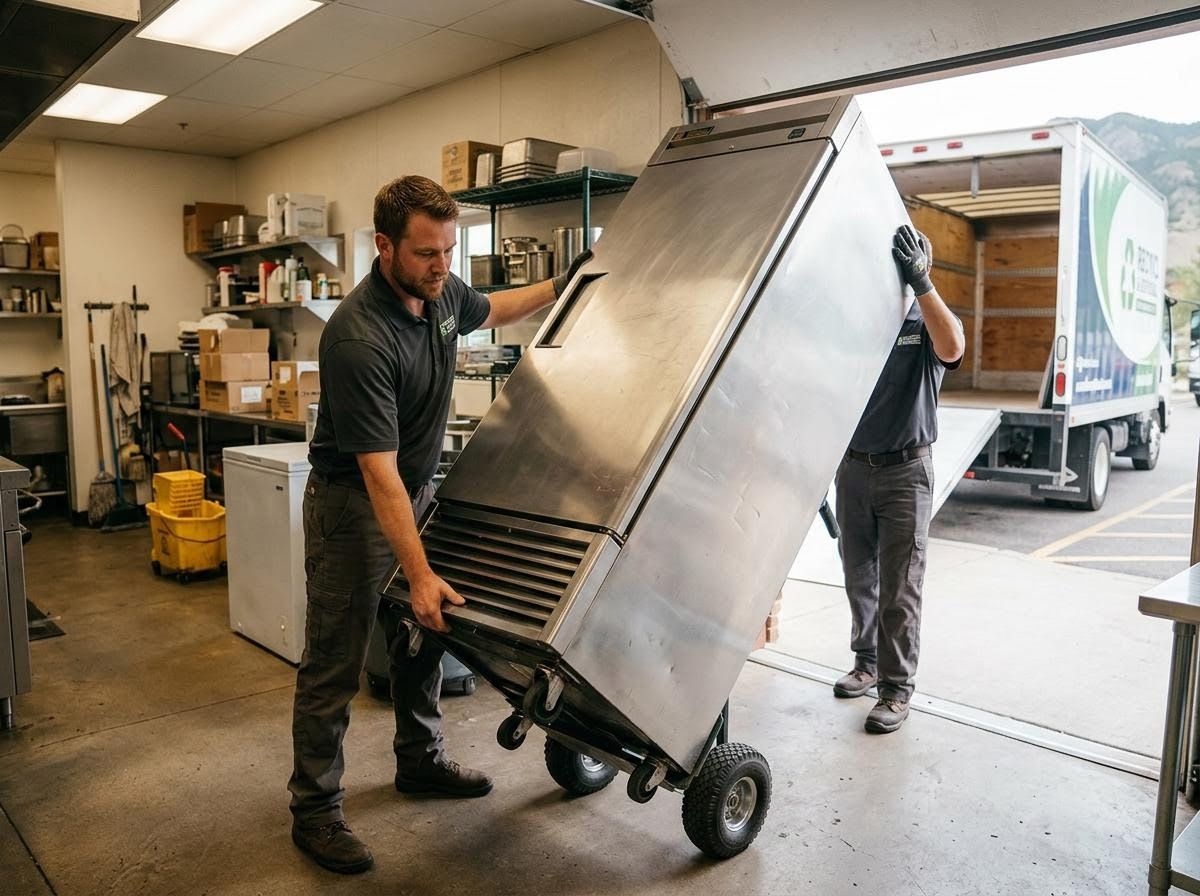 Two men moving a commercial refrigerator out of a kitchen