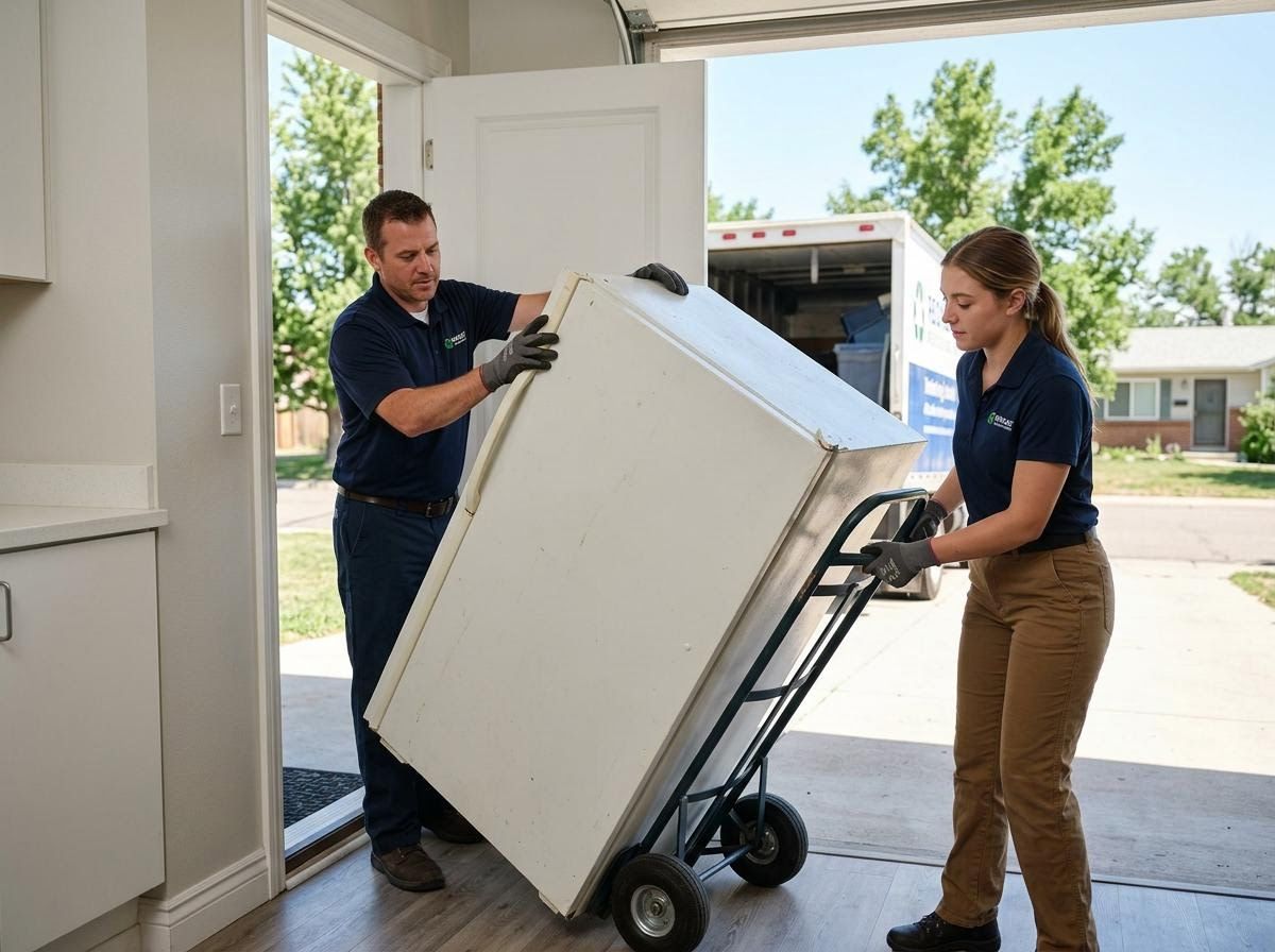 Professionals moving a refrigerator with a hand truck