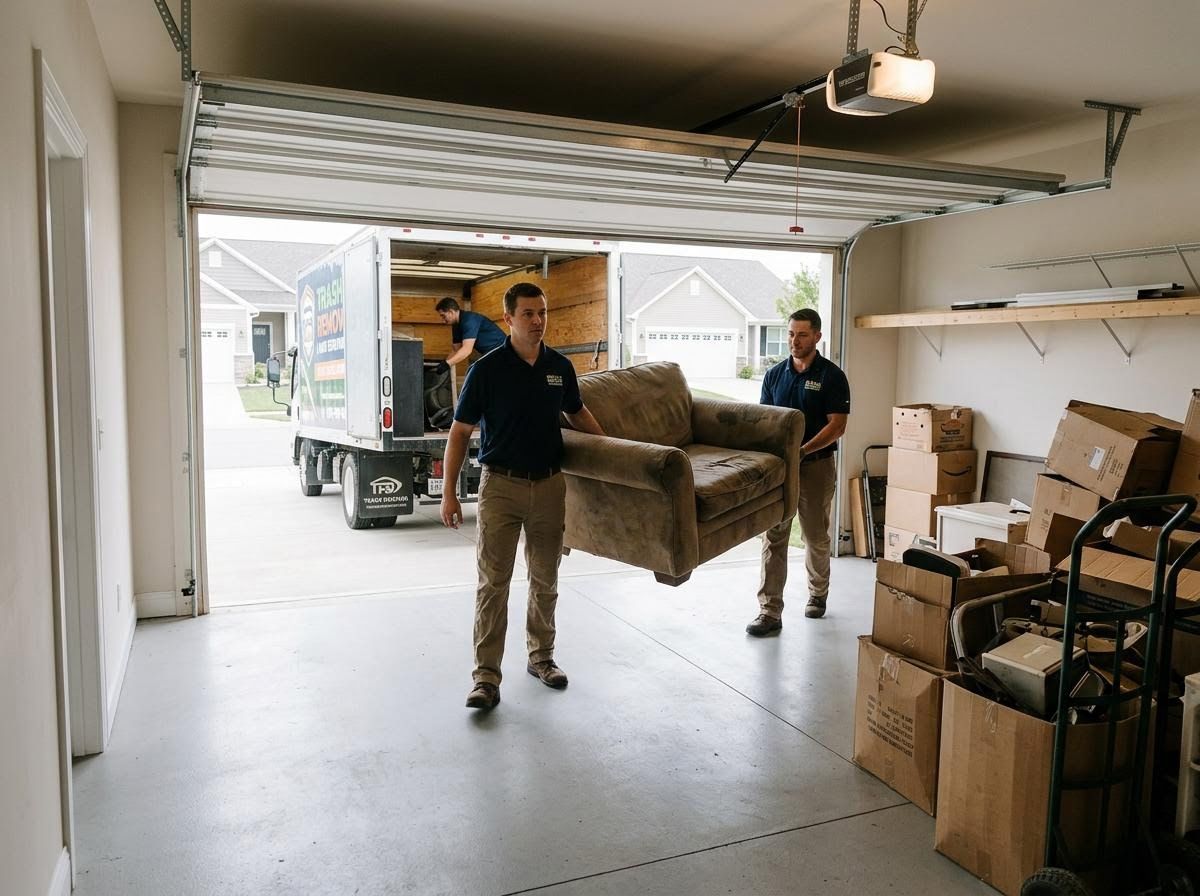 Movers carrying furniture out of a garage