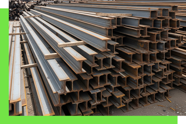 Organized pile of commercial scrap metal, including steel I-beams