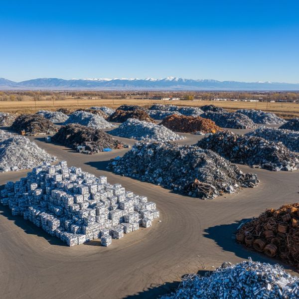 Large outdoor piles of various scrap materials, possibly metal or recycling, with mountains visible in the distance under a clear blue sky. Large outdoor piles of various scrap materials, possibly metal or recycling, with mountains visible in the distance under a clear blue sky.