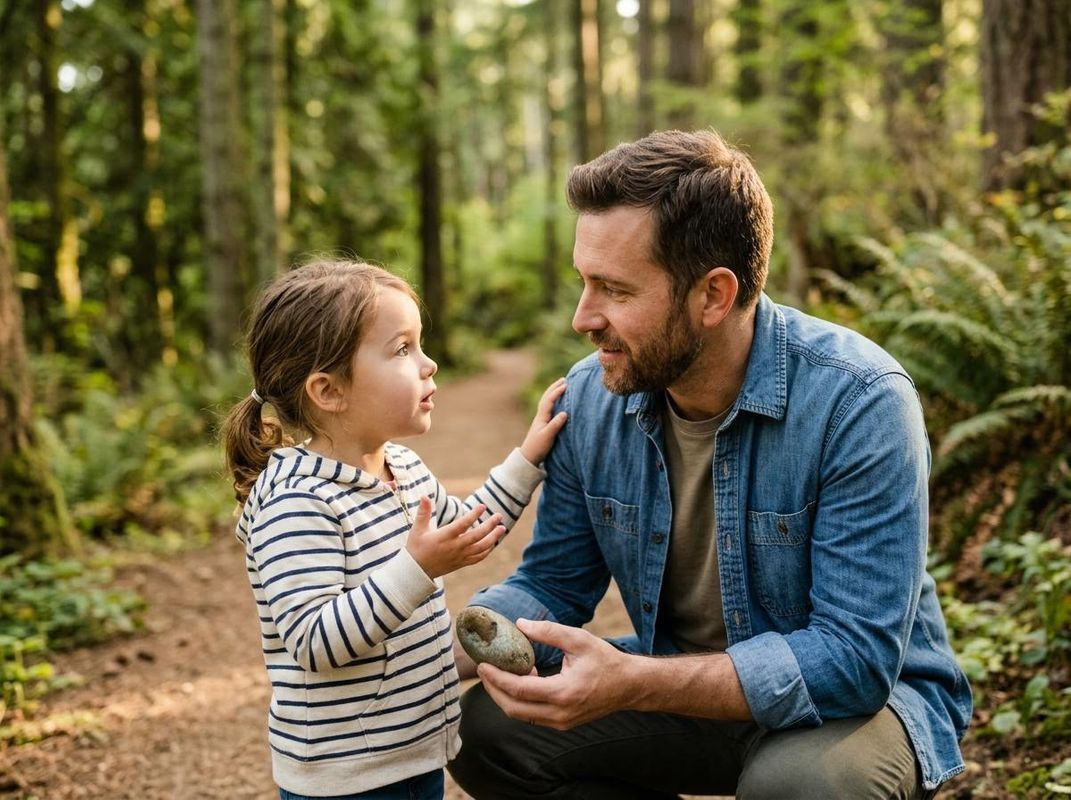 Father and daughter exploring nature, discussing a rock