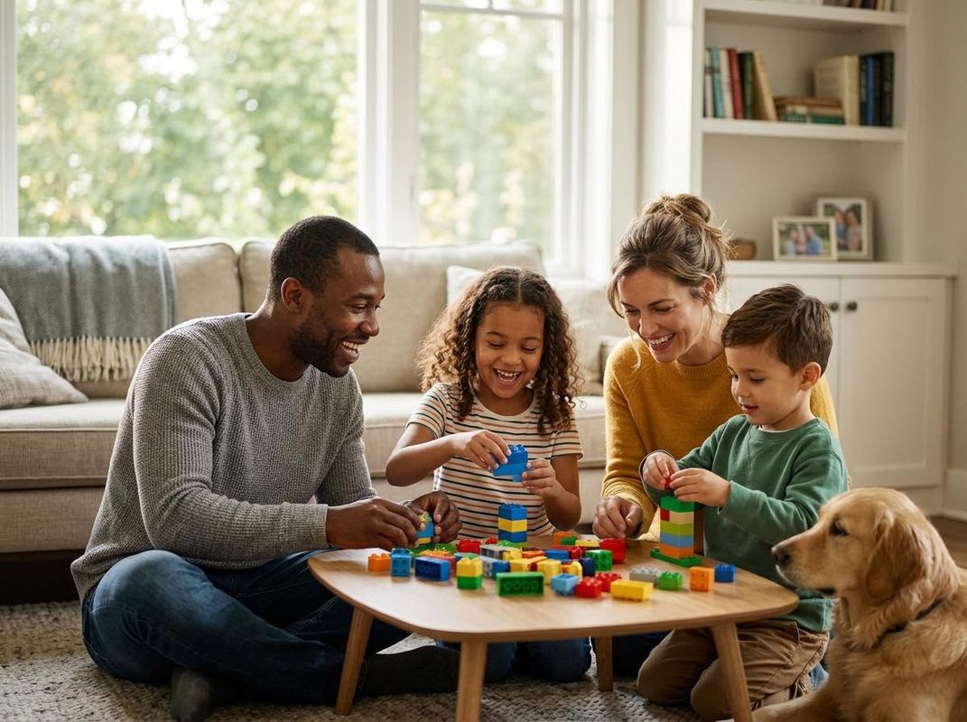 Happy multiethnic family and golden retriever playing with colorful building blocks