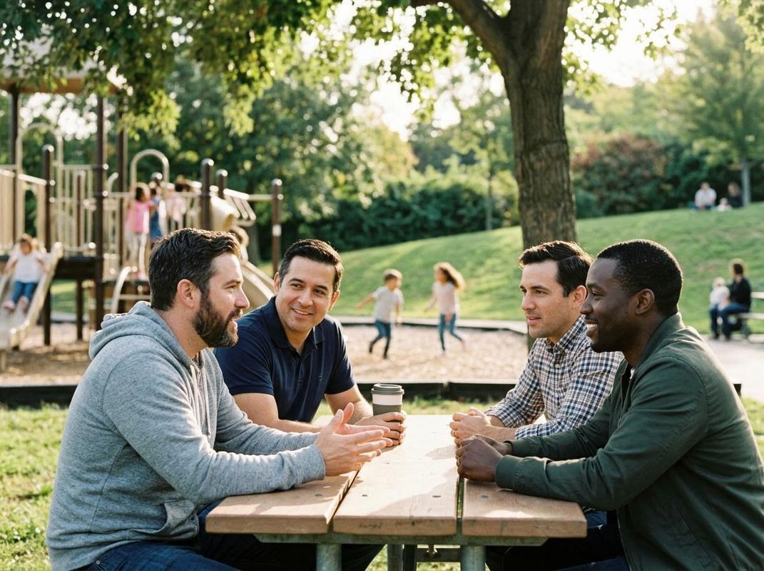 Men Conversing at Park Picnic Table