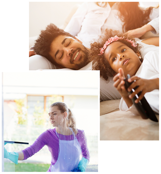 Woman cleaning, family resting