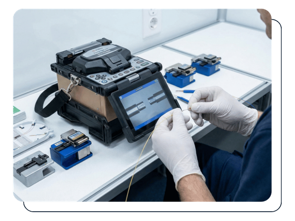 A certified technician uses a high-tech fusion splicer to join two fiber optic strands with precision in a controlled environment.