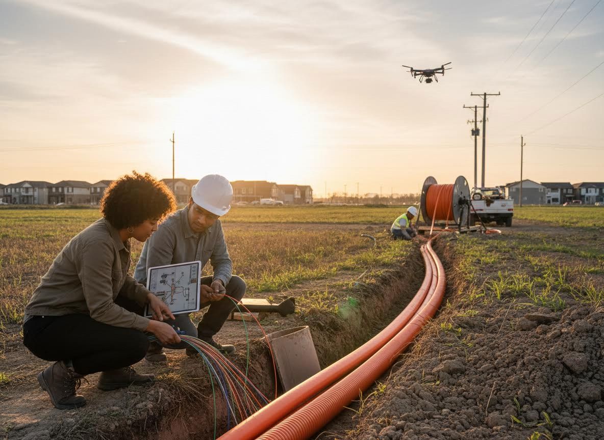 Field Engineers Installing Fiber Optic Cables with Drone Surveillance
