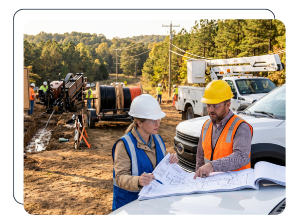 a project manager and telecom field supervisor reviewing broadband construction plans beside utility trucks at an active fiber installation site