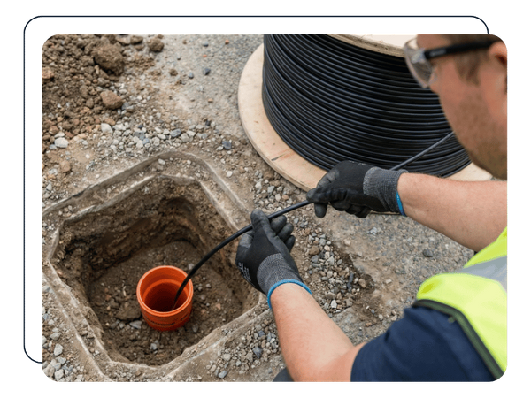 A technician carefully pulls a fiber optic cable from a reel into an underground conduit during an installation project.