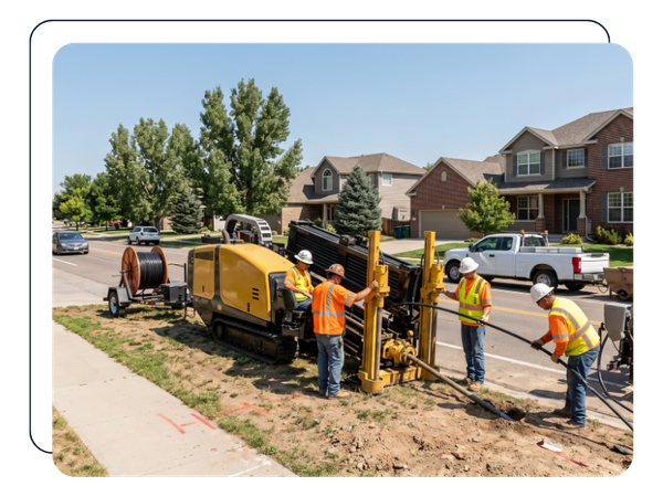 a telecommunications contractor installing underground fiber optic conduit in directional boring machine operating beside a suburban roadway