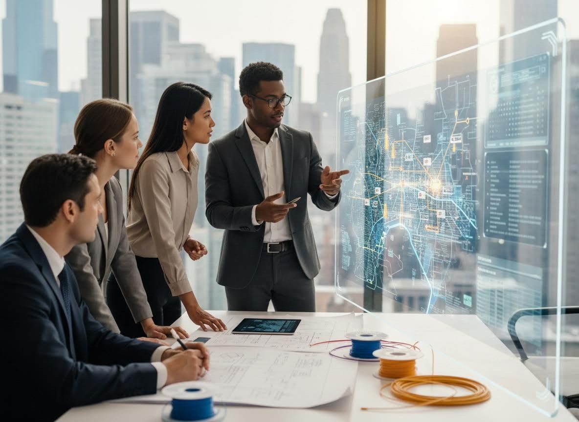 Diverse Business Team Analyzing Data on Futuristic City Map Display