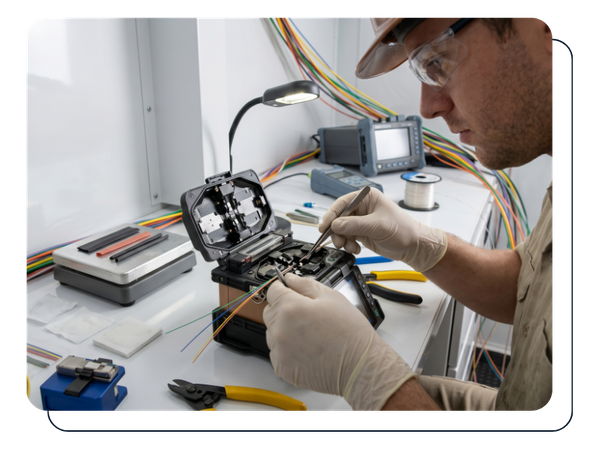 a fiber optic technician performing fusion splicing inside a telecom trailer