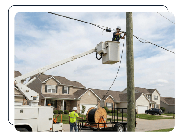 A telecom crew with a bucket truck performs an aerial cable TV installation on utility poles in a residential neighborhood.