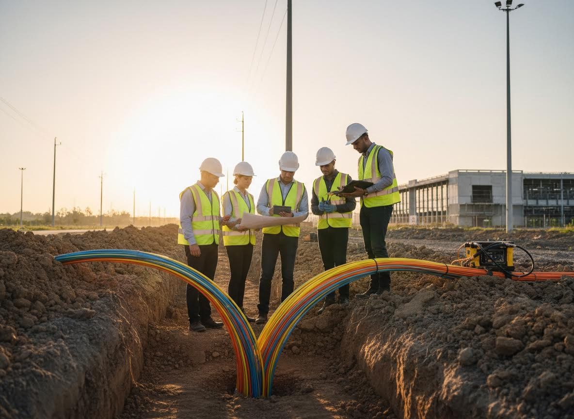 Engineers Inspecting Fiber Optic Cables at Sunset