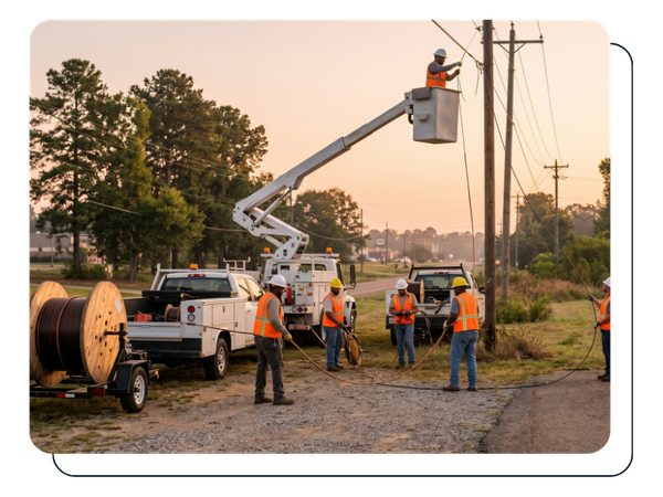 telecom fiber optic construction crew working in Texarkana, AR, near a roadside utility corridor at sunrise
