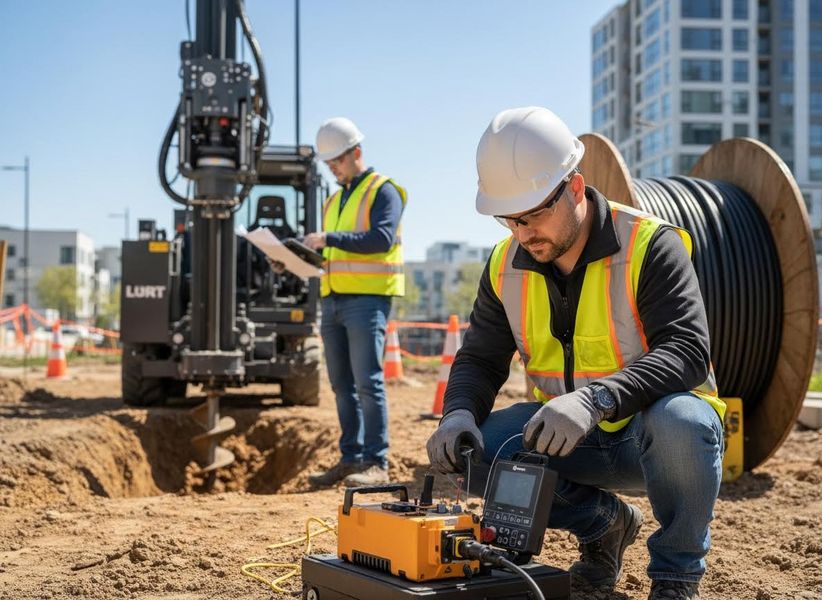 Two engineers in hard hats and safety vests on a construction site. One operates ground-testing equipment, another oversees a drilling rig. Construction engineers operating ground drilling and testing equipment