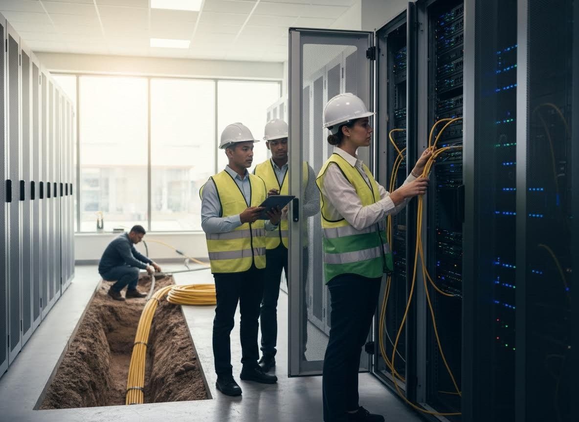 Data Center Technicians Installing Network Infrastructure