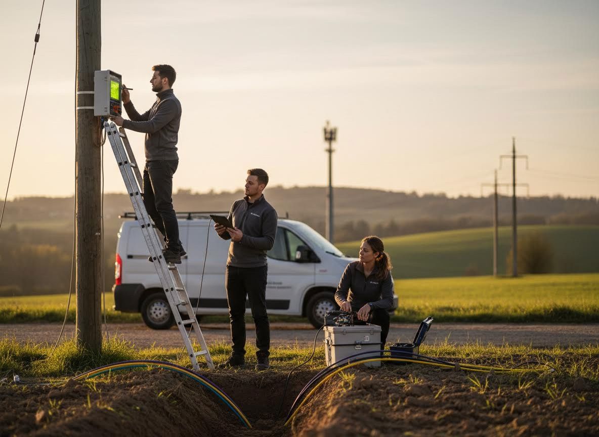 Telecom team installing and testing fiber optic network