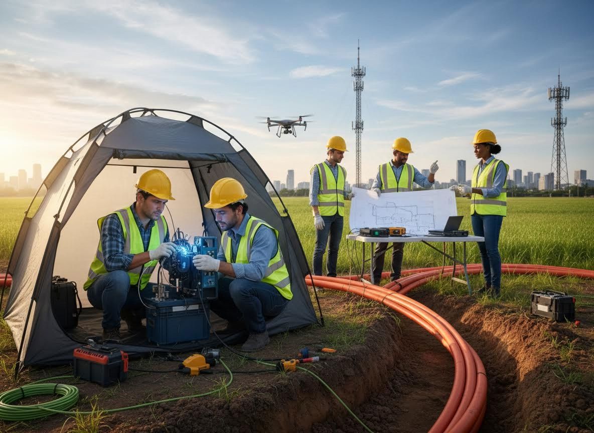 Engineers Installing Fiber Optics with Drone Surveillance