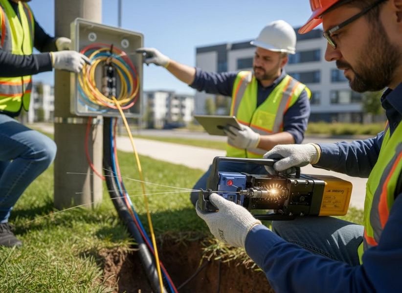 Three network technicians in safety gear working outdoors on fiber optic infrastructure. One operates a fusion splicer, another manages cables in a box, and the third uses a tablet. Technicians Installing Fiber Optic Cables