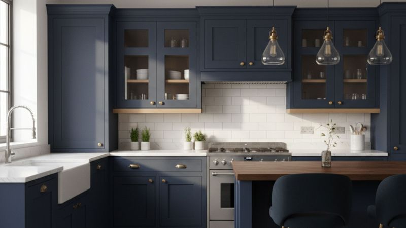 Navy blue cabinets.