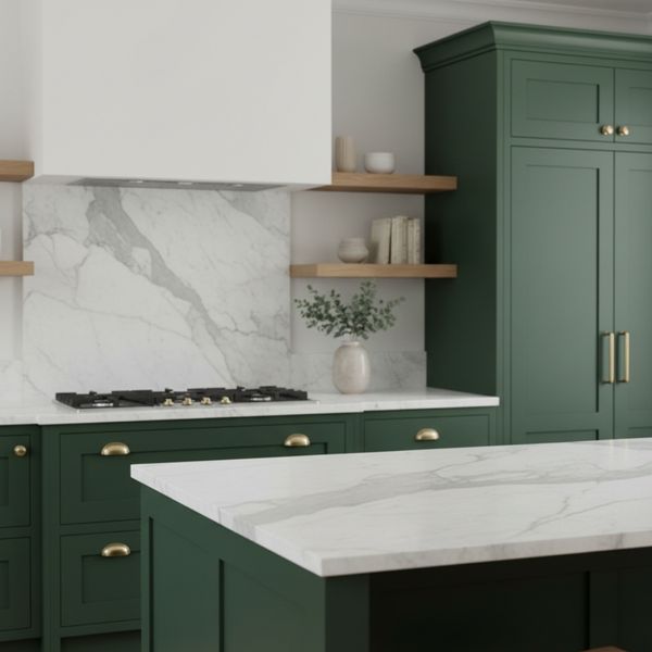 Kitchen with green custom cabinets