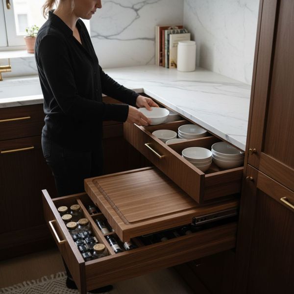 storing dished in cabinet with spice and cutting board storage