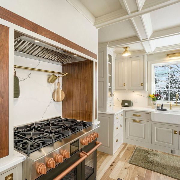Kitchen stove and cabinets.