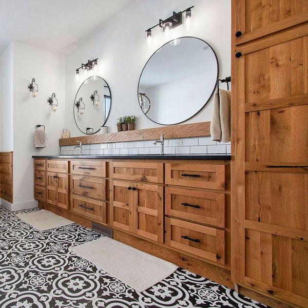 New wood bathroom cabinets.