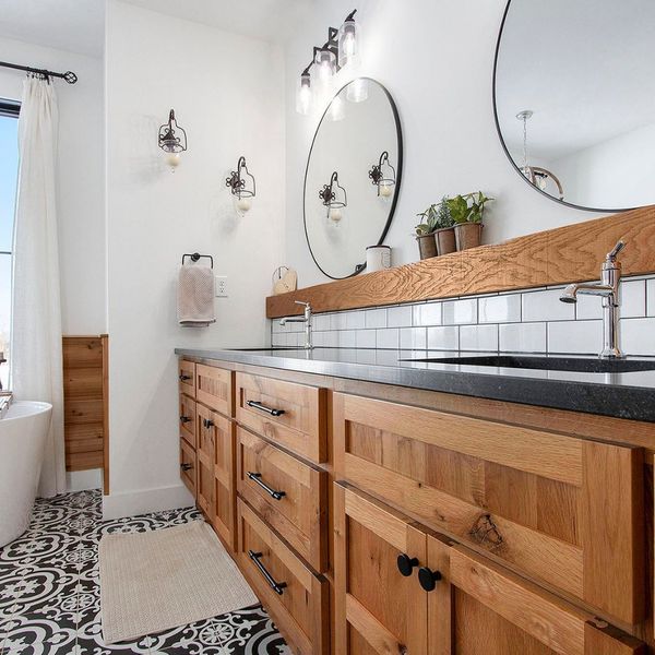 stained wood cabinetry in bathroom
