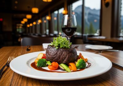 A perfectly seared steak rests atop a bed of colorful vegetables, drizzled with sauce on a white plate, accompanied by a glass of red wine in a restaurant setting with a scenic mountain view. Gourmet Steak Dinner with Red Wine