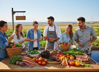 A chef and four friends gather around a table overflowing with fresh vegetables and cooked meats in a sunny field with windmills. Chef and friends preparing a farm-to-table meal outdoors