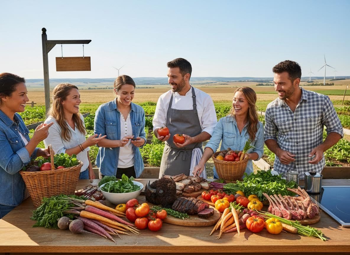 Chef and friends preparing a farm-to-table meal outdoors