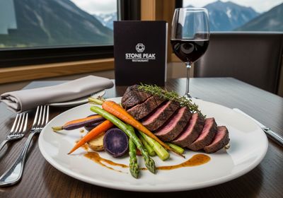 Exquisite fine dining at Stone Peak Restaurant featuring a perfectly cooked sliced steak, colorful roasted vegetables, and a glass of red wine, all set against a stunning mountain view backdrop. Gourmet Steak Dinner at Stone Peak Restaurant