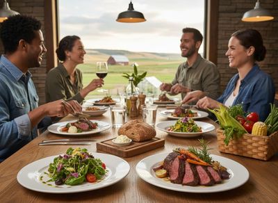 Friends dining outdoors with delicious food
