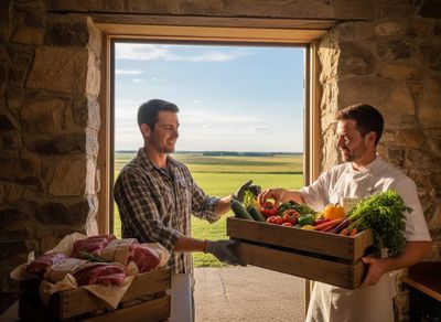 A farmer delivers a crate of fresh vegetables to a chef, with cuts of meat nearby. Both men smile with a green field in the background. Farmer and chef exchanging fresh farm produce and meat