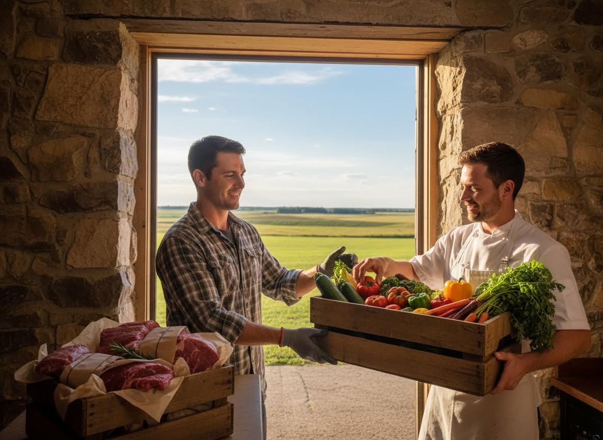 Farmer and chef exchanging fresh farm produce and meat